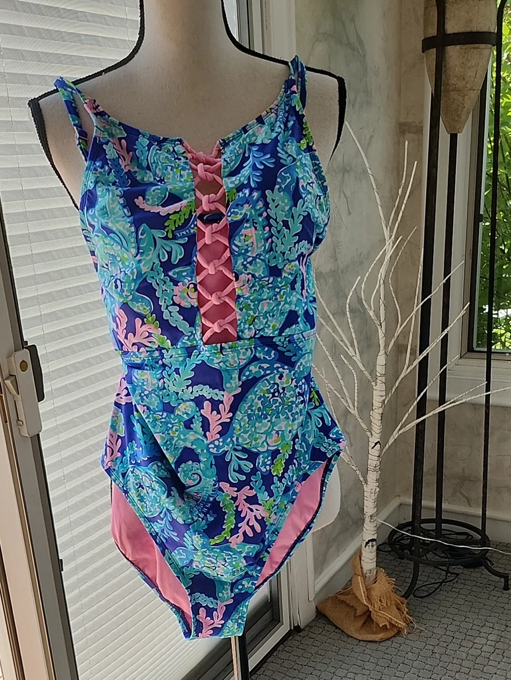 Lilly Pulitzer Blue & Pink Lace-Front One-Piece Swimsuit - Picture 1 of 6
